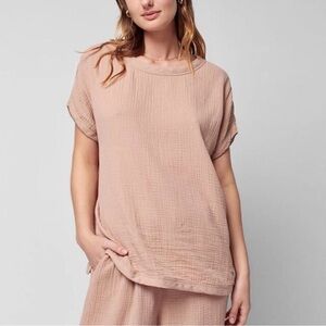 FAHERTY 100% Organic Cotton‎ Dream Cotton Gauze Tee Blouse Boxy Size Large